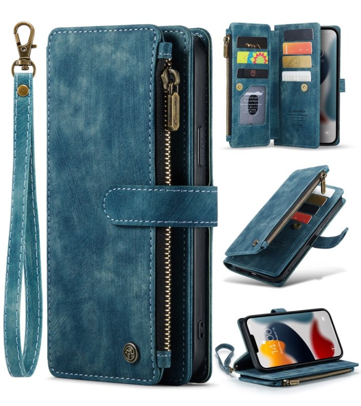 For iPhone 13 Pro CaseMe - C30 PU + TPU Multifunctional Horizontal Flip Leather Case with Holder & Card Slot & Wallet & Zipper Pocket (Blue) - British D'sire Main image