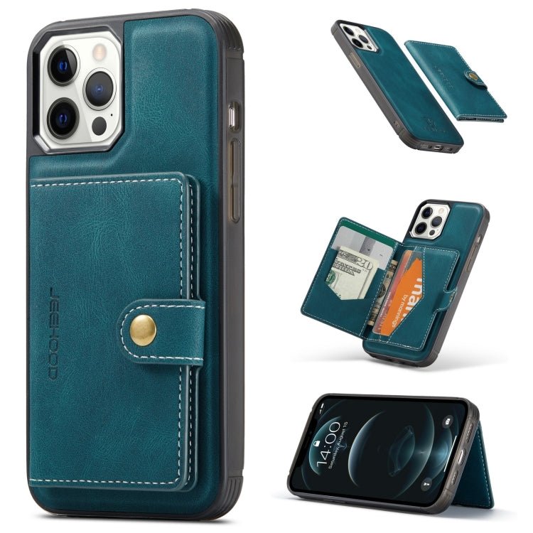 For iPhone 13 Pro Max JEEHOOD Retro Magnetic Detachable Protective Case with Wallet & Card Slot & Holder (Blue) - British D'sire
