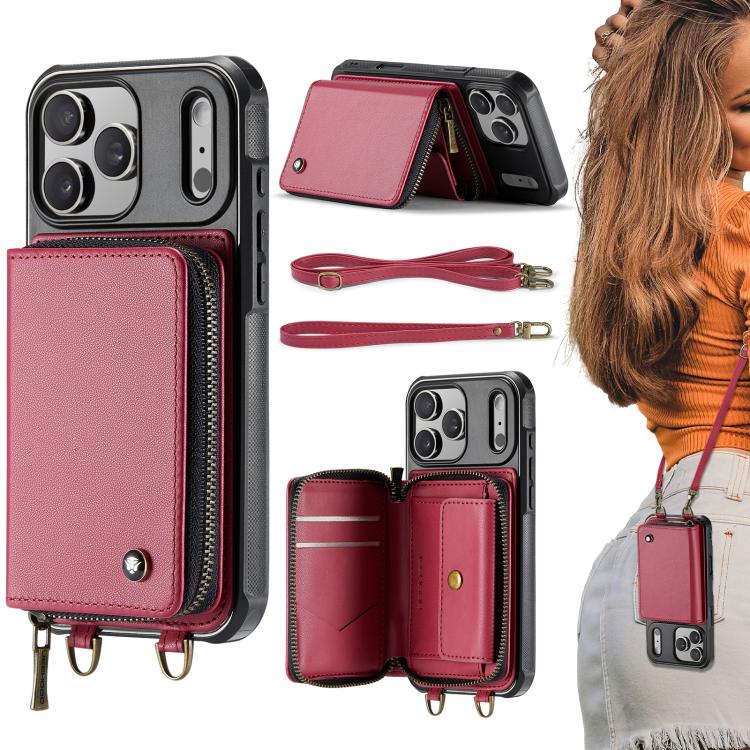 For iPhone 17 Pro JEEHOOD C22 Series Zipper Wallet Leather Phone Case with Dual Lanyard(Red) - British D'sire Main image