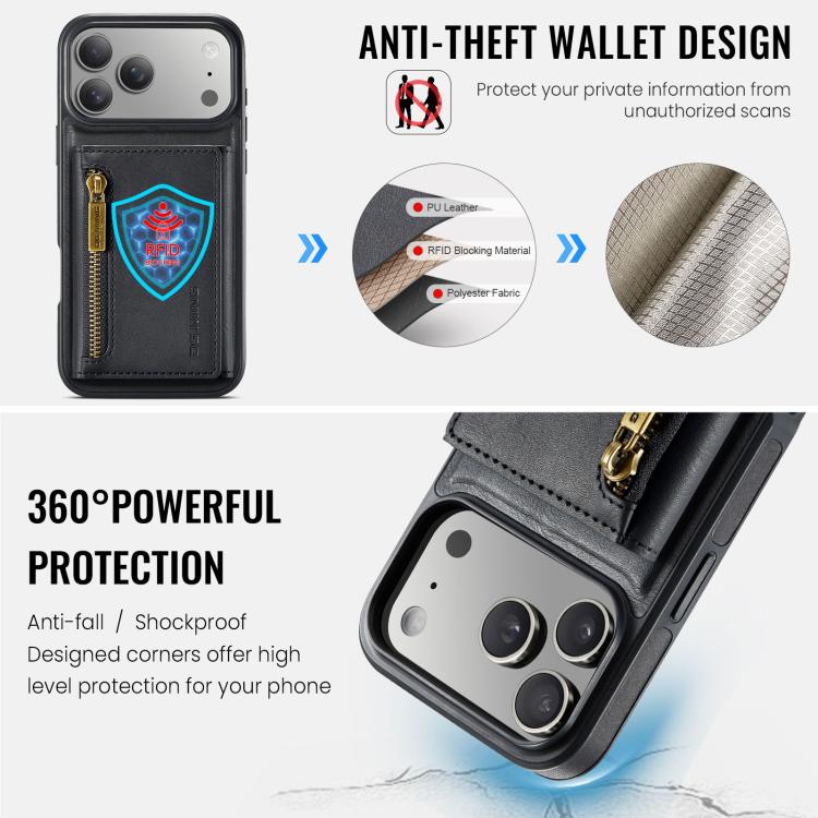 For iPhone 18 Pro / 17 Pro DG.MING M5 Series Zip RFID Multi Card Detachable Leather Phone Case(Black) - British D'sire