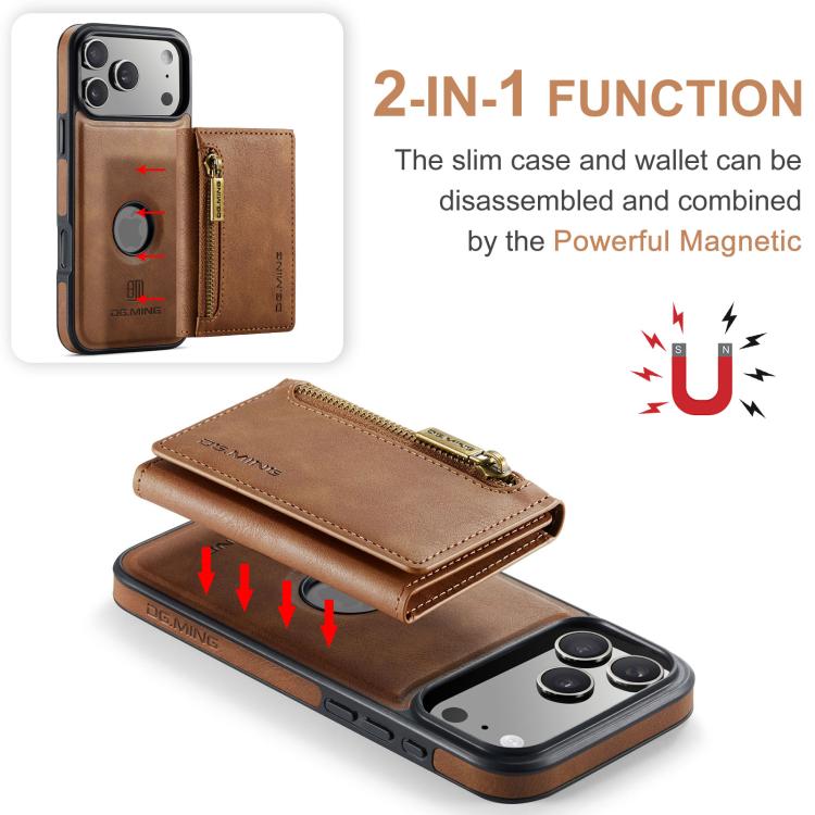 For iPhone 18 Pro / 17 Pro DG.MING M5 Series Zip RFID Multi Card Detachable Leather Phone Case(Brown) - British D'sire