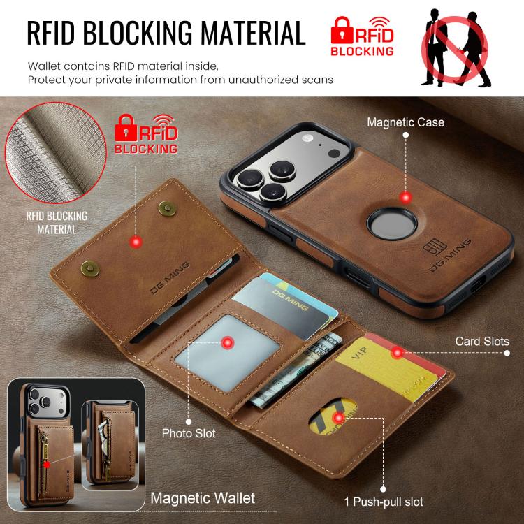 For iPhone 18 Pro / 17 Pro DG.MING M5 Series Zip RFID Multi Card Detachable Leather Phone Case(Brown) - British D'sire