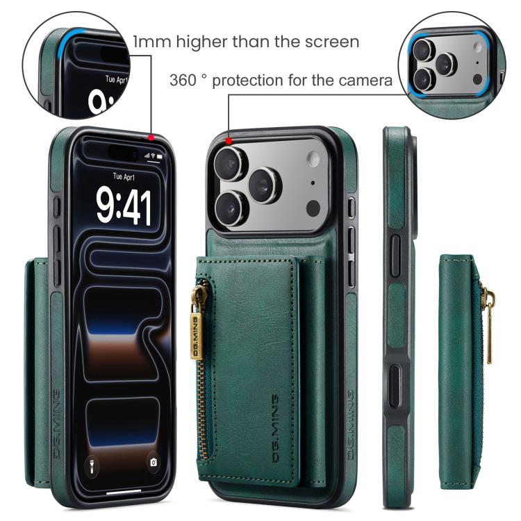 For iPhone 18 Pro / 17 Pro DG.MING M5 Series Zip RFID Multi Card Detachable Leather Phone Case(Green) - British D'sire