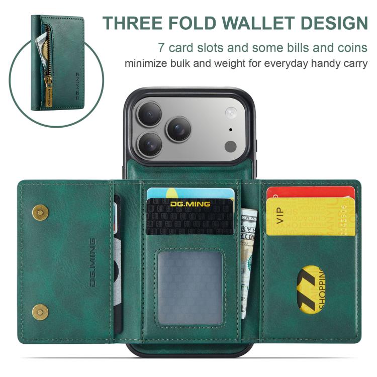 For iPhone 18 Pro / 17 Pro DG.MING M5 Series Zip RFID Multi Card Detachable Leather Phone Case(Green) - British D'sire
