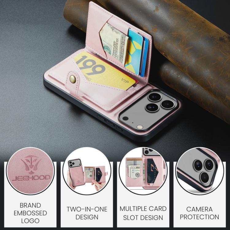 For iPhone 18 Pro / 17 Pro JEEHOOD J01 Retro Magnetic Detachable Wallet Phone Case(Pink) - British D'sire