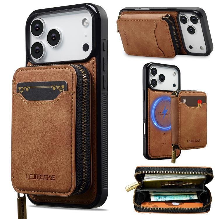 For iPhone 18 Pro / 17 Pro LC.IMEEKE L6 Series Zipper Card Bag MagSafe Magnetic Phone Case(Brown) - British D'sire Main image