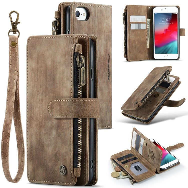 For iPhone SE 2022 / SE 2020 / 8 / 7 / 6 CaseMe - C30 PU + TPU Multifunctional Horizontal Flip Leather Case with Holder & Card Slot & Wallet & Zipper Pocke(Brown) - British D'sire Main image