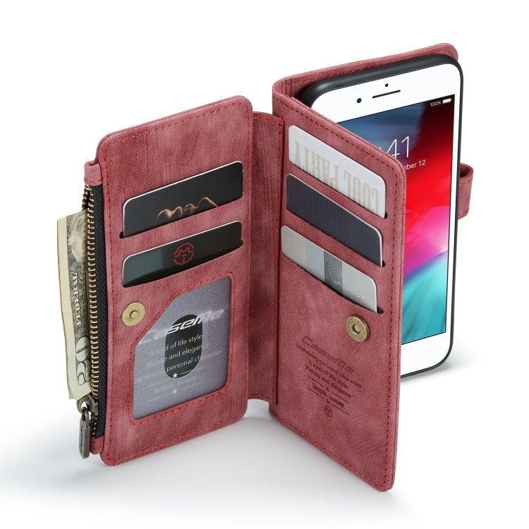 For iPhone SE 2022 / SE 2020 / 8 / 7 / 6 CaseMe - C30 PU + TPU Multifunctional Horizontal Flip Leather Case with Holder & Card Slot & Wallet & Zipper Pocke(Red) - British D'sire