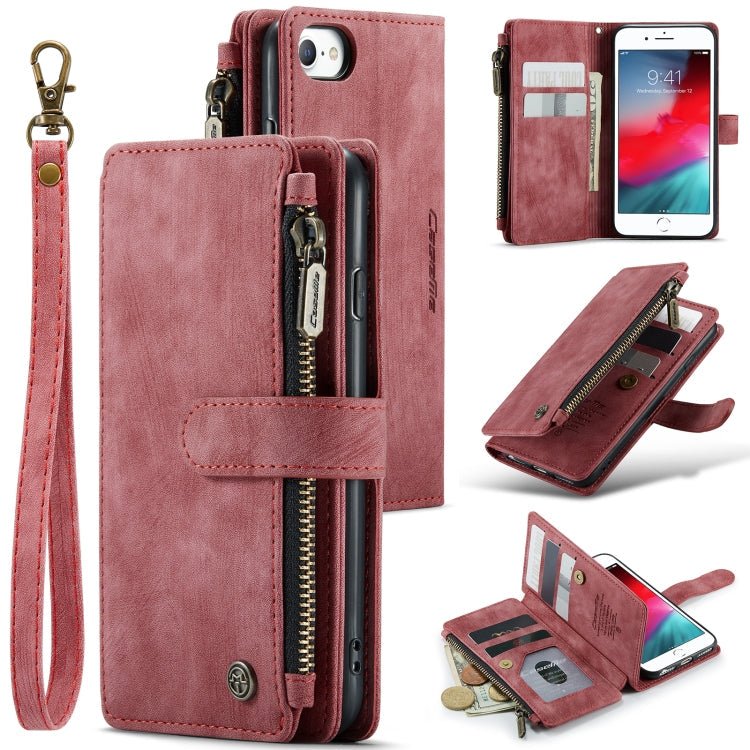 For iPhone SE 2022 / SE 2020 / 8 / 7 / 6 CaseMe - C30 PU + TPU Multifunctional Horizontal Flip Leather Case with Holder & Card Slot & Wallet & Zipper Pocke(Red) - British D'sire
