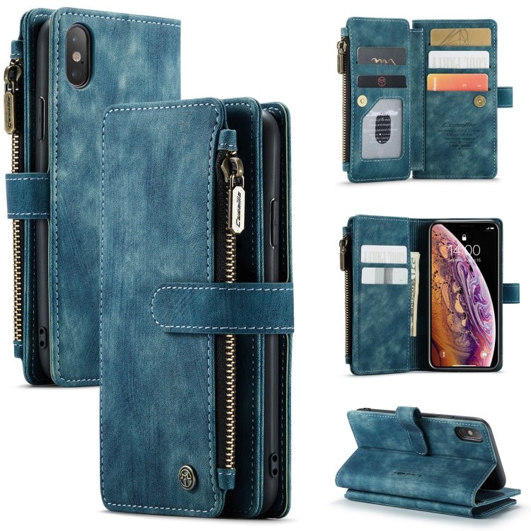 For iPhone X / XS CaseMe - C30 PU + TPU Multifunctional Horizontal Flip Leather Case with Holder & Card Slot & Wallet & Zipper Pocket(Blue) - British D'sire Main image
