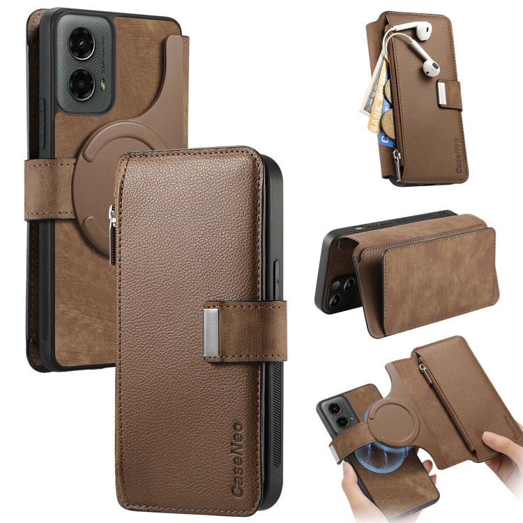 For Motorola Moto G 2024 5G CaseNeo MagSafe RFID Anti - theft Zipper Wallet Retro Leather Phone Case(Brown) - British D'sire Main image