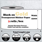 For Phomemo M02 / M02S / M02Pro 3rolls /Pack 50mm Thermal Label Printing Paper For Sticker Printer With Black Letter On Gold Powder Background - British D'sire