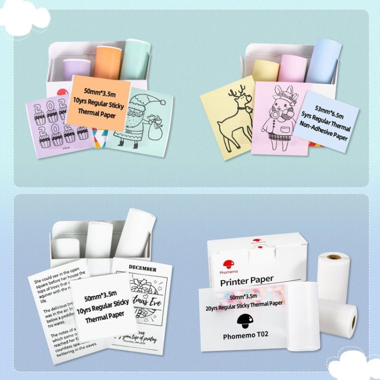For Phomemo T02 3rolls Bluetooth Printer Thermal Paper Label Paper 53mmx6.5m 5 Years Black on Yellow/Pink/Blue No Adhesive - British D'sire