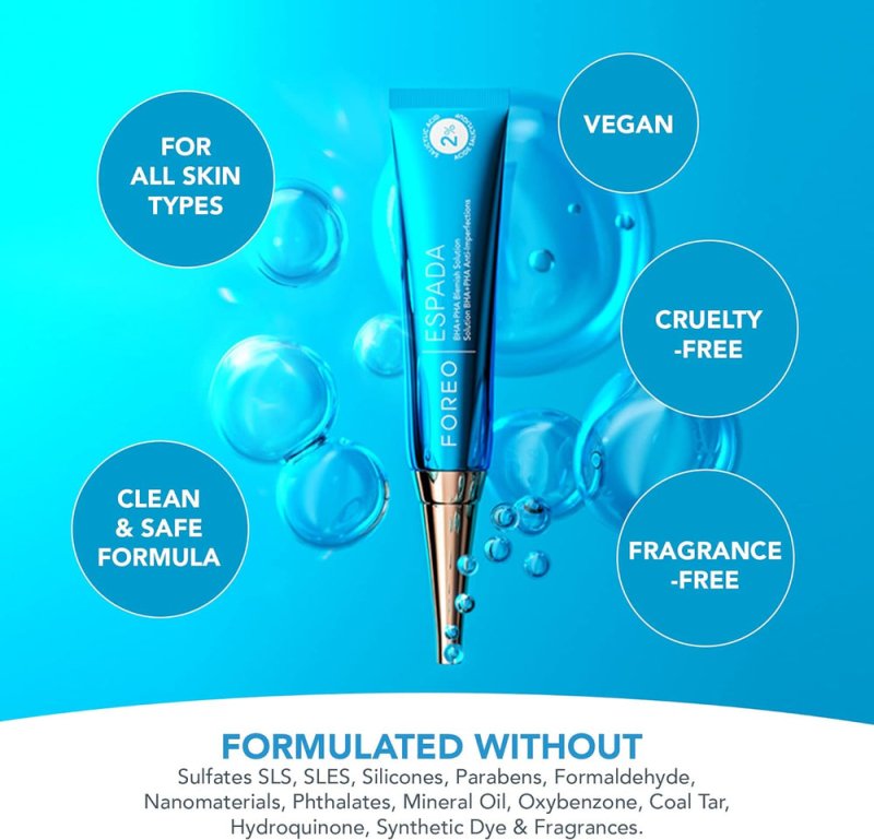 FOREO ESPADA BHA+PHA Blemish Solution 15 ml, Acne Treatment & Blackhead Remover, Face Care, 2% Salicylic Acid, Witch Hazel, Tea Tree Oil, Niacinamide, Dermatologist-Tested, Cruelty-Free & Vegan, Blue - Acne treatment - British D'sire