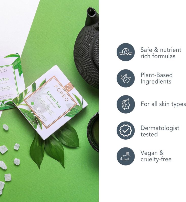 FOREO Green Tea UFO Activated Facial Mask for Blemish-Prone Oily Skin, 6 pack, Purifying, Antioxidant, Moisturizing, Green Tea & Ulmus Extract, Cruelty-Free, Clean Formula, Compatible with UFO 2 & UFO - Face Masks - British D'sire