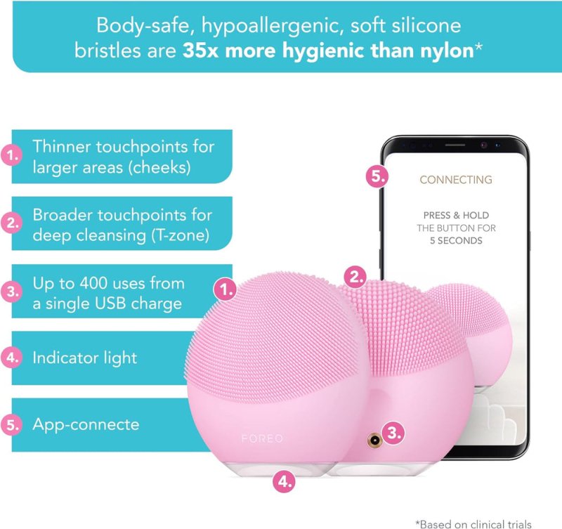 Foreo Luna Mini 3 Facial Cleansing Brush - Travel Accessories - Face Massager Electric, Ultra - Hygienic Silicone - Simple Face Wash - Electric Face Cleanser - App - Connected - Pearl Pink - Facial Cleansers - British D'sire