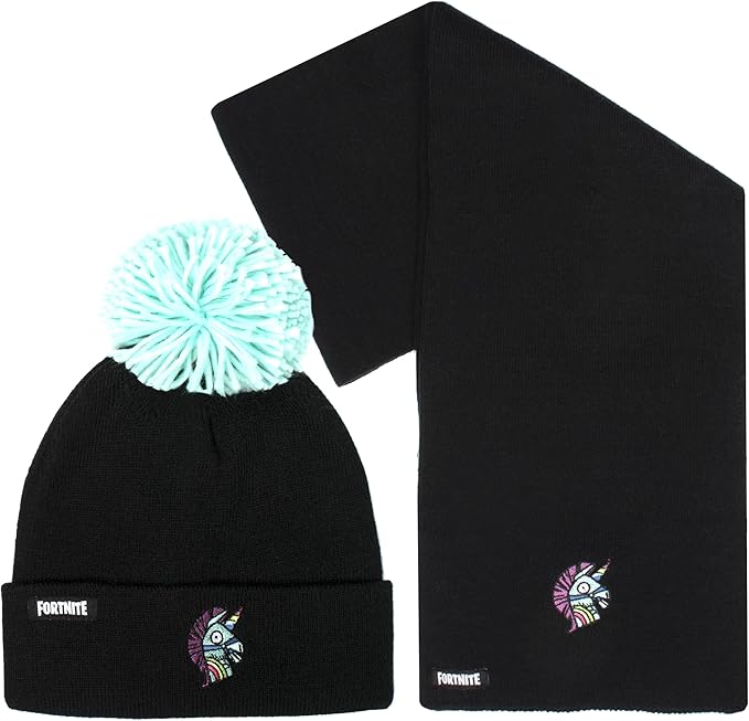 FORTNITE Children's Hat & Scarf Set - Black Woolly Hat & Gloves Llama Design - One Size Fits 12 - 16 Years - Official Merchandise - Cold Weather Sets - British D'sire Main image