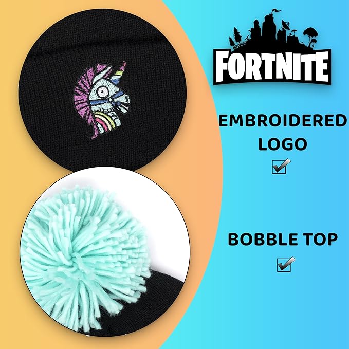 FORTNITE Children's Hat & Scarf Set - Black Woolly Hat & Gloves Llama Design - One Size Fits 12-16 Years - Official Merchandise Secondary image