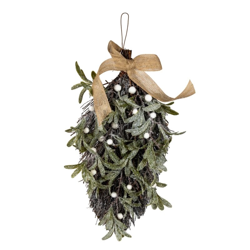 Frosted Mistletoe And Pine Swag With Ribbon - Christmas Decor - British D'sire