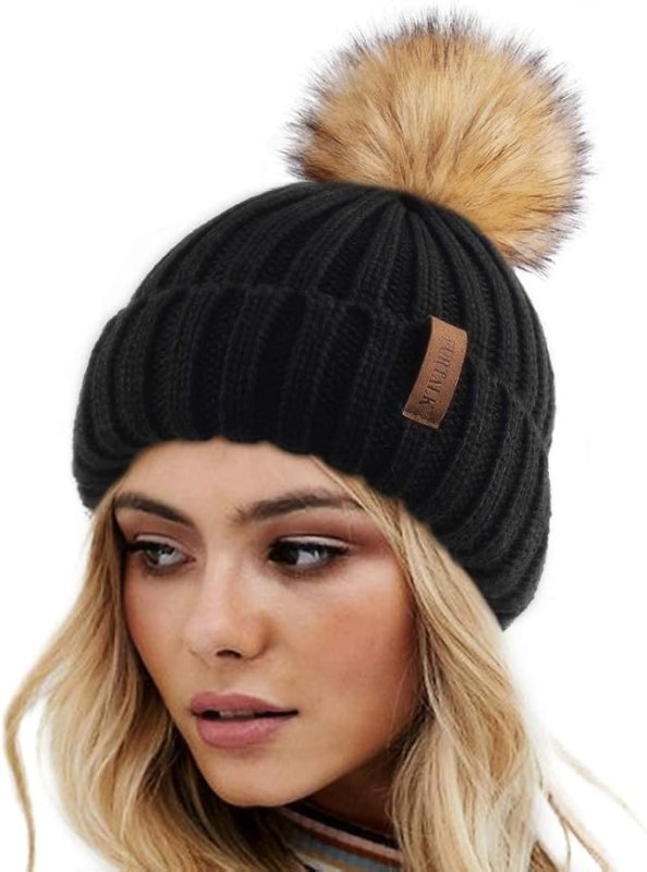 FURTALK Winter Hats for Women Double Layer Fleece Line Beanie Hat with Bobble Pom Pom Hats - Hats & Caps - British D'sire Main image