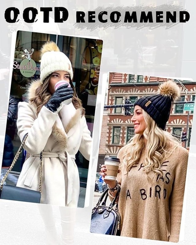 FURTALK Winter Hats for Women Double Layer Fleece Line Beanie Hat with Bobble Pom Pom Hats Secondary image