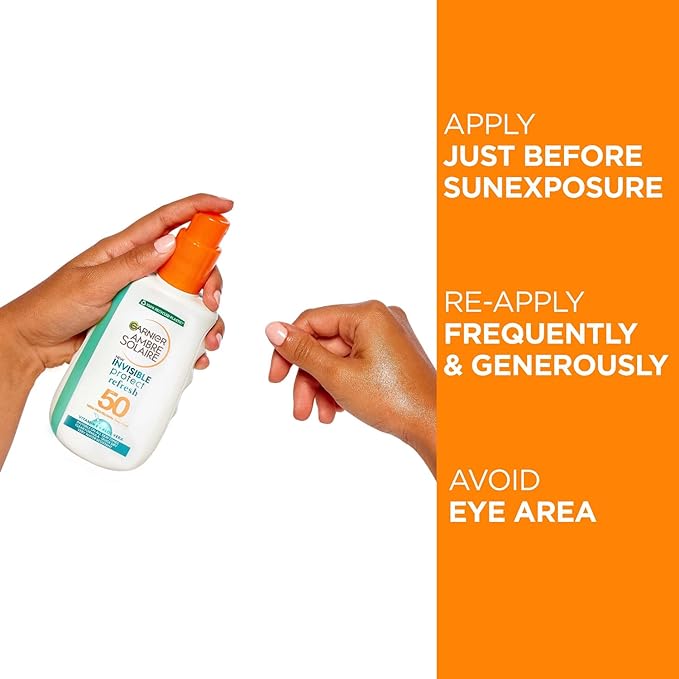 Garnier Ambre Solaire Invisible Protect Refresh Spray SPF50, Invisible Finish Transparent Sun Cream Spray, High Sun Protection Factor 50 SPF, Water Resistant Sunscreen, UVA & UVB Protection, 200ml - British D'sire