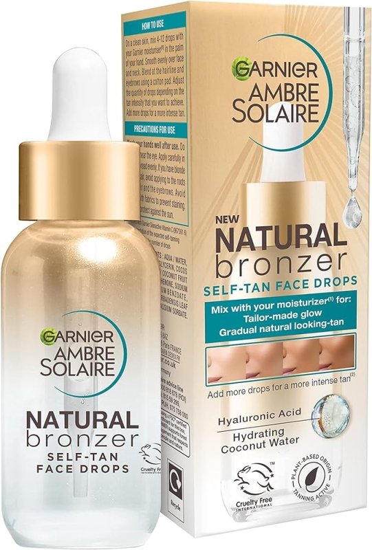 Garnier Ambre Solaire Natural Bronzer, Self Tan Drops for Face, Hyaluronic Acid & Coconut Water, Tailor Made Glow, Gradual & Natural Fake Tan, Approved by Cruelty Free International, Vegan, 30ml - British D'sire Main image