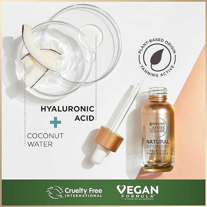 Garnier Ambre Solaire Natural Bronzer, Self Tan Drops for Face, Hyaluronic Acid & Coconut Water, Tailor Made Glow, Gradual & Natural Fake Tan, Approved by Cruelty Free International, Vegan, 30ml - British D'sire