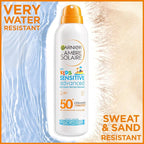 Garnier Ambre Solaire SPF 50+ Kids Anti-Sand Mist, Children's Sun Protection Spray, Non-Greasy and Fast-Absorbing, Water- and Sand-Resistant, Hypoallergenic, Sensitive Advanced, 150 ml - British D'sire