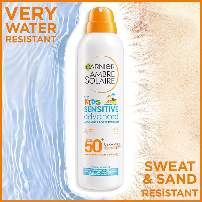 Garnier Ambre Solaire SPF 50+ Kids Anti-Sand Mist, Children's Sun Protection Spray, Non-Greasy and Fast-Absorbing, Water- and Sand-Resistant, Hypoallergenic, Sensitive Advanced, 150 ml - British D'sire