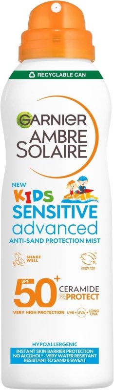 Garnier Ambre Solaire SPF 50+ Kids Anti-Sand Mist, Children's Sun Protection Spray, Non-Greasy and Fast-Absorbing, Water- and Sand-Resistant, Hypoallergenic, Sensitive Advanced, 150 ml - British D'sire Main image