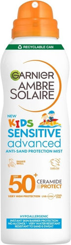 Garnier Ambre Solaire SPF 50+ Kids Anti-Sand Mist, Children's Sun Protection Spray, Non-Greasy and Fast-Absorbing, Water- and Sand-Resistant, Hypoallergenic, Sensitive Advanced, 150 ml - British D'sire