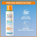 Garnier Ambre Solaire SPF 50+ Kids Anti-Sand Mist, Children's Sun Protection Spray, Non-Greasy and Fast-Absorbing, Water- and Sand-Resistant, Hypoallergenic, Sensitive Advanced, 150 ml - British D'sire