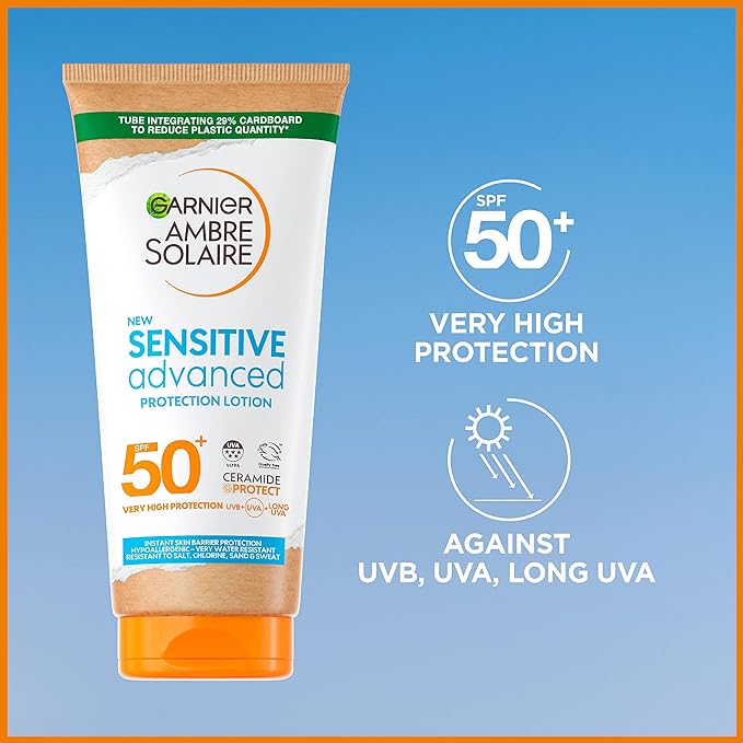 Garnier Ambre Solaire SPF 50+ Sensitive Advanced Sun Cream, For Sensitive Skin, Water Resistant & Non-Greasy Sunscreen, SPF 50 UVA & UVB Protection, Approved by Cruelty Free International, 175ml Secondary image