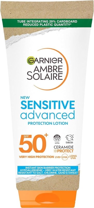 Garnier Ambre Solaire SPF 50+ Sensitive Advanced Sun Cream, For Sensitive Skin, Water Resistant & Non-Greasy Sunscreen, SPF 50 UVA & UVB Protection, Approved by Cruelty Free International, 175ml - British D'sire Main image