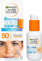 Garnier Ambre Solaire SPF 50+ Super UV Invisible Serum Moisturiser for Face, High Protection Against UVA & UVB, Sun Cream for all Skin Types, With Hyaluronic Acid, Vitamin E & Ceramides, Vegan, 30ml - British D'sire