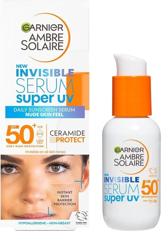 Garnier Ambre Solaire SPF 50+ Super UV Invisible Serum Moisturiser for Face, High Protection Against UVA & UVB, Sun Cream for all Skin Types, With Hyaluronic Acid, Vitamin E & Ceramides, Vegan, 30ml - British D'sire