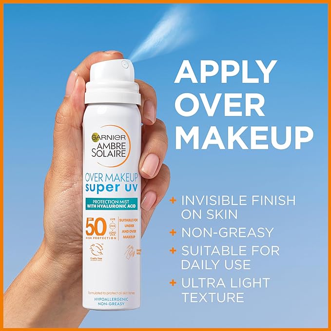Garnier Ambre Solaire Sun Protection Over Makeup, Non-Greasy + Lightweight, With Hyaluronic Acid, Protection Mist SPF50, Super UV, 75ml - British D'sire