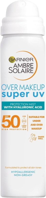 Garnier Ambre Solaire Sun Protection Over Makeup, Non-Greasy + Lightweight, With Hyaluronic Acid, Protection Mist SPF50, Super UV, 75ml - British D'sire