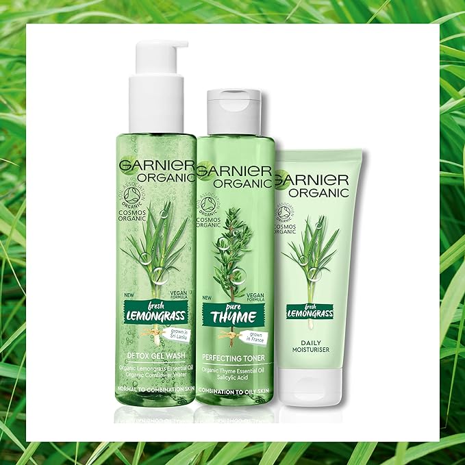 Garnier Organic Essentials Face Care & Cleanse Routine Set: Lemongrass Gel Face Wash, Hydrating Moisturiser & Purifying Thyme Toner for Healthy Glowing Skin - for Normal, Combination & Sensitive Skin - British D'sire