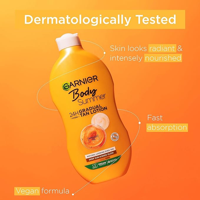 Garnier Summer Body Gradual Tan Moisturiser Deep, For A Radiant Sun Kissed Glow, Suitable For Face & Body, 24 Hour Hydration & A Natural Even Tan, Fast Absorption, Vegan Formula, 400ml - British D'sire