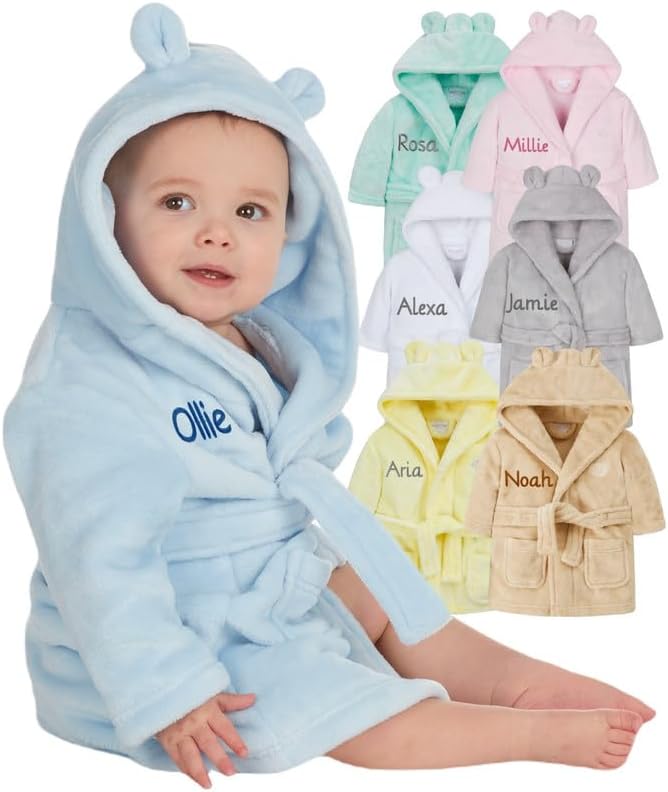 Gembroidery Personalised Baby Bathrobe Hooded Fleece Dressing Gown Super Soft Gifts Bath Robe For Boys Girls Cute Teddy Ears 0 - 4 Years - Baby Robes - British D'sire