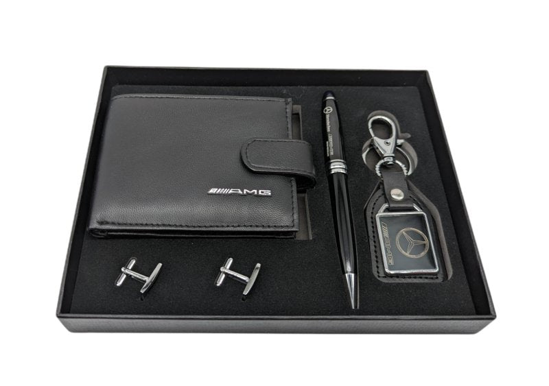 Genuine Leather Mercedes AMG Badge Wallet Sport Wallet, Key Fob, Pen & Cufflinks Boxed Gift Set - British D'sire