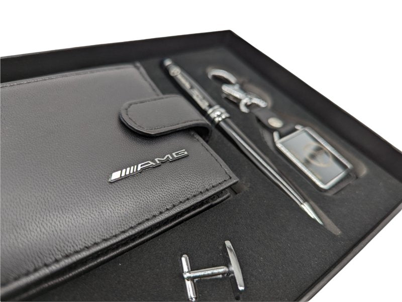 Genuine Leather Mercedes AMG Wallet Sport Wallet, Key Fob, Pen & Cuff links Boxed Gift Set - British D'sire