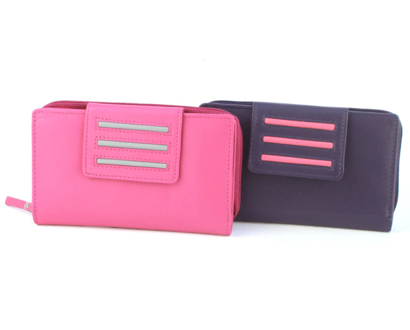 Genuine Soft Leather Purse RFID protection Tab Detail Pink & Purple - British D'sire