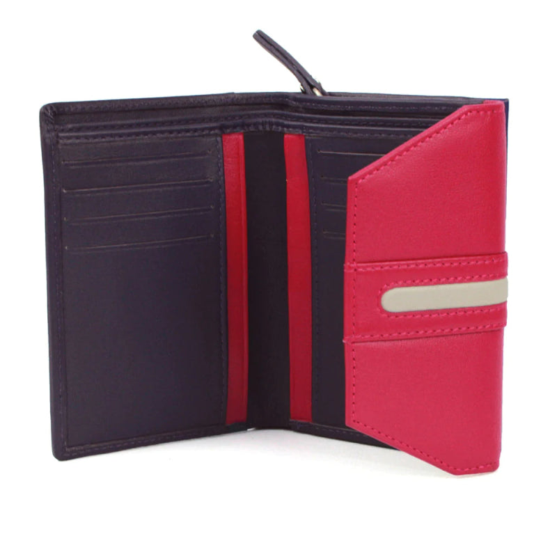Genuine Soft Leather Purse RFID protection With Contrast colour panel and stripe detail Purple & Pink - British D'sire