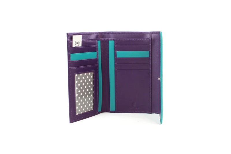 Genuine Soft Leather Purse RFID protection with contrast panel detailing Purple & Turquoise - British D'sire Main image