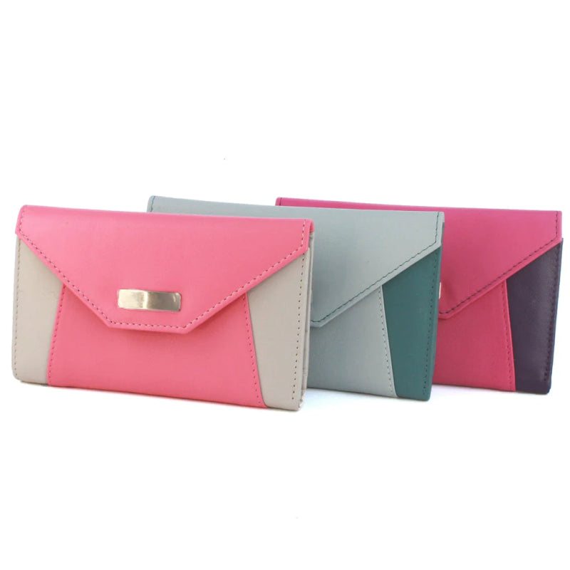 Genuine Soft Leather Purse RFID with contrast envelope style panels and metal bar Aqua & Grey - British D'sire