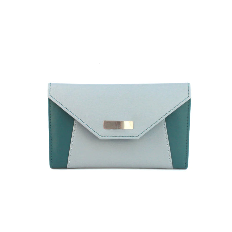 Genuine Soft Leather Purse RFID with contrast envelope style panels and metal bar Aqua & Grey - British D'sire