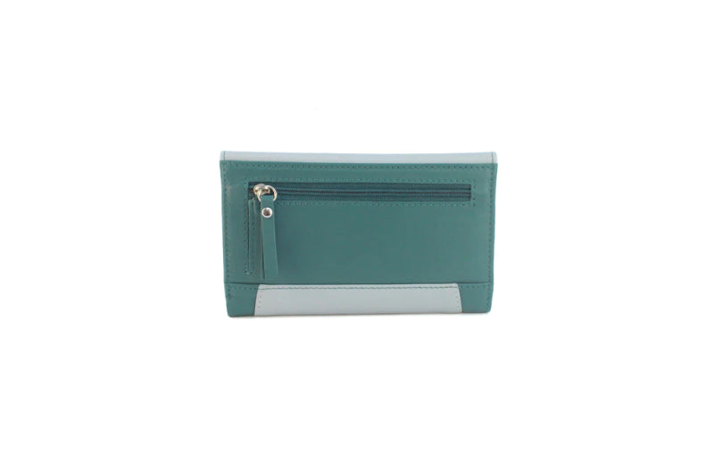 Genuine Soft Leather Purse RFID with contrast envelope style panels and metal bar Aqua & Grey - British D'sire